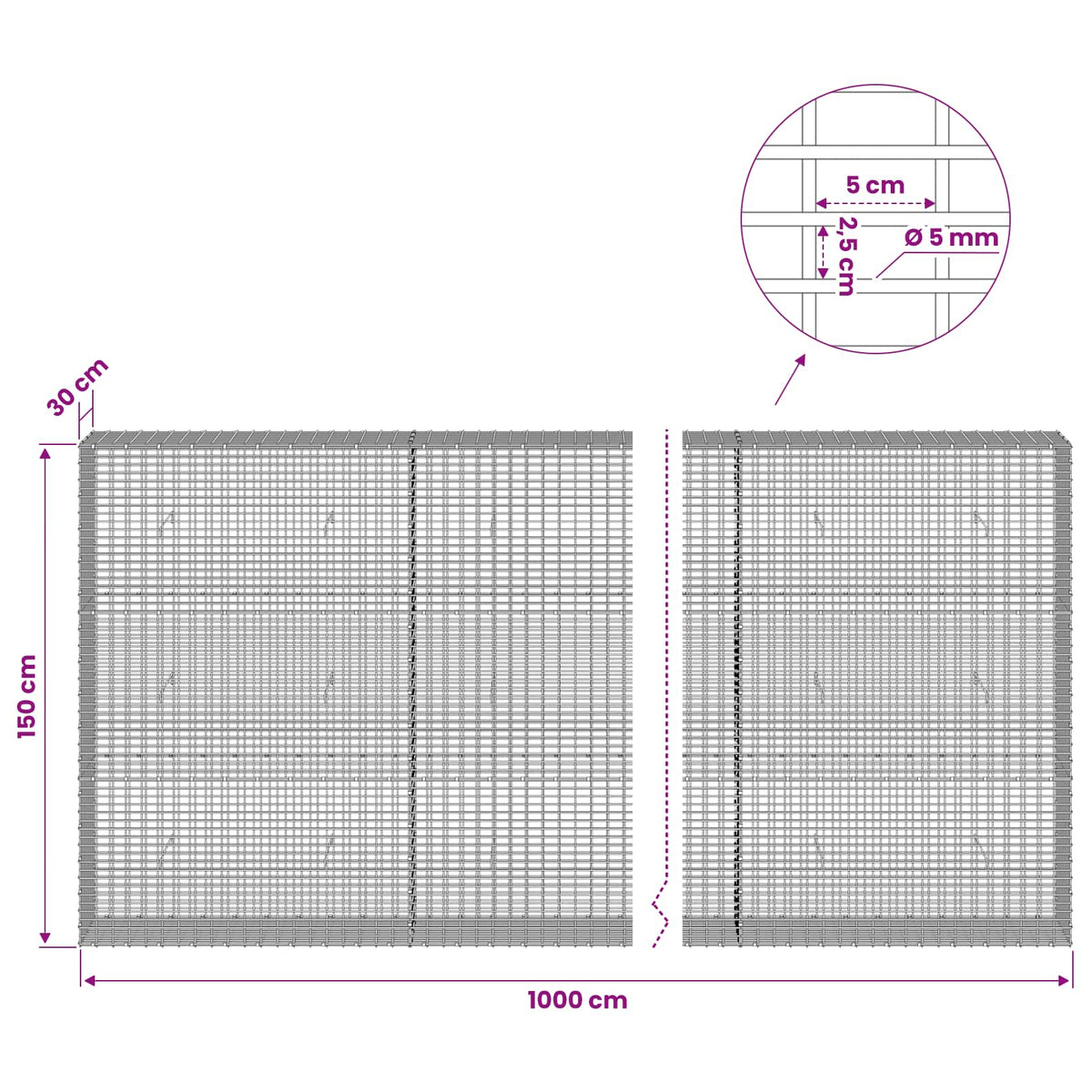 Γκαμπιόν με σύρμα 5 mm και πλέγμα 5x2,5 cm 1000x30x150 εκ. - Pakobazaar