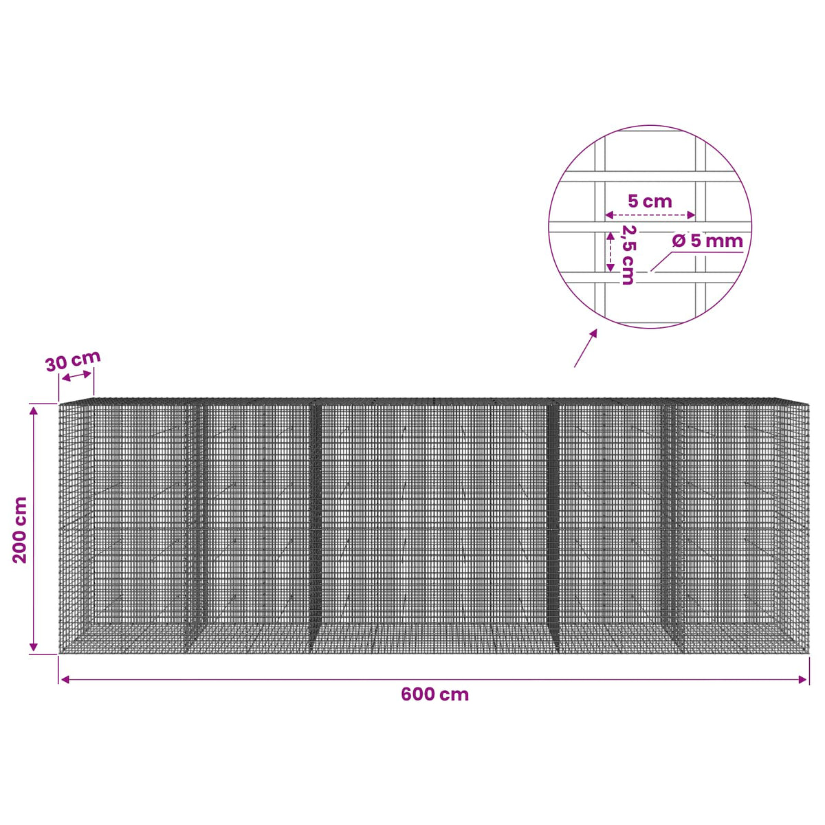 Γκαμπιόν με σύρμα 5 mm και πλέγμα 5x2,5 cm 600x30x200 εκ - Pakobazaar