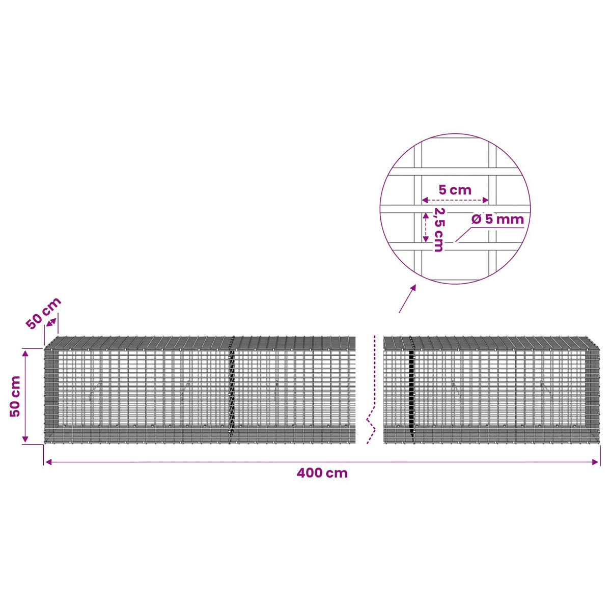Γκαμπιόν με σύρμα 5 mm και πλέγμα 5x2,5 cm 400x50x50 εκ - Pakobazaar