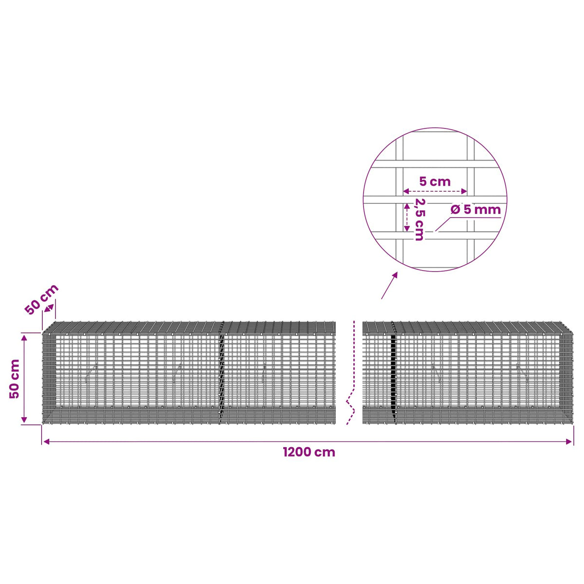 Γκαμπιόν με σύρμα 5 mm και πλέγμα 5x2,5 cm 1200x50x50 εκ - Pakobazaar