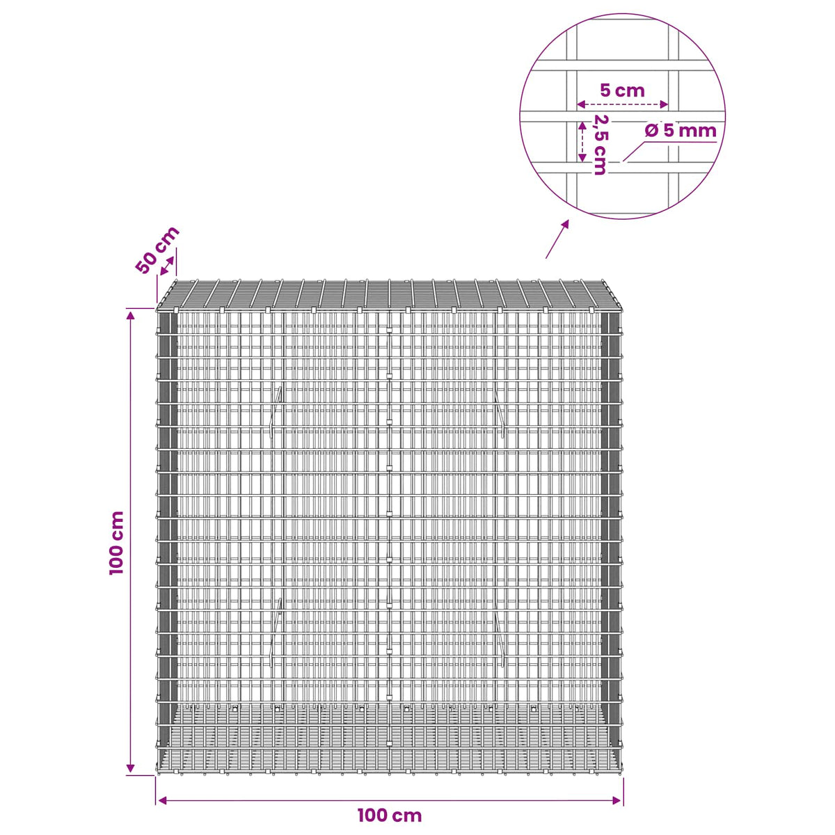 Γκαμπιόν με σύρμα 5 mm και πλέγμα 5x2,5 cm 100x50x100 εκ - Pakobazaar