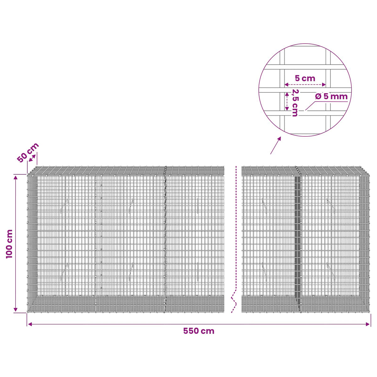 Γκαμπιόν με σύρμα 5 mm και πλέγμα 5x2,5 cm 550x50x100 εκ - Pakobazaar