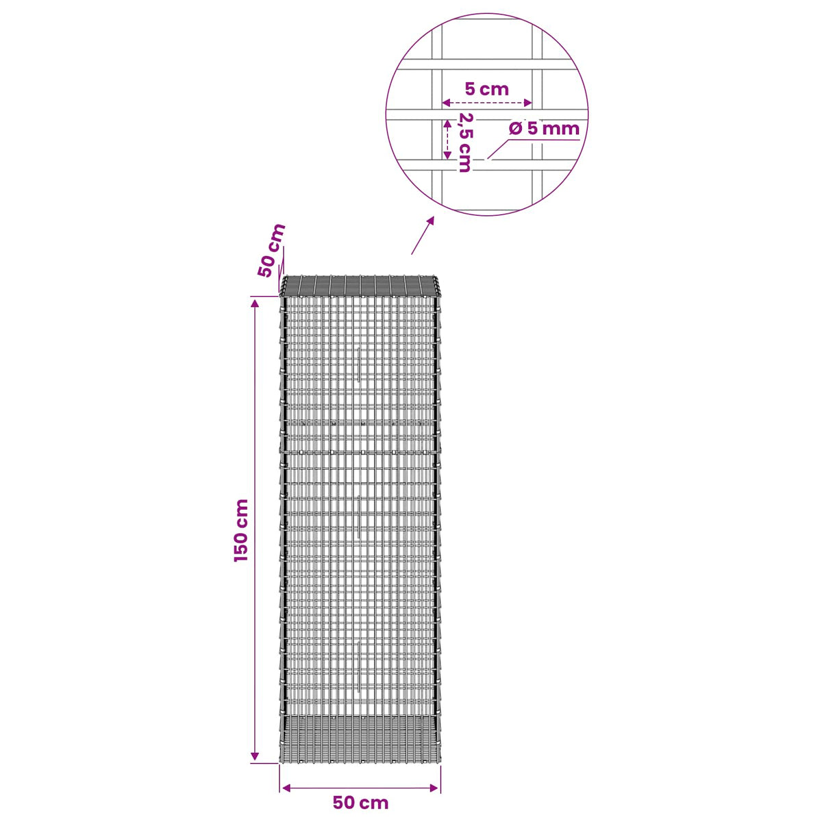 Γκαμπιόν με σύρμα 5 mm και πλέγμα 5x2,5 cm 50x50x150 εκ - Pakobazaar