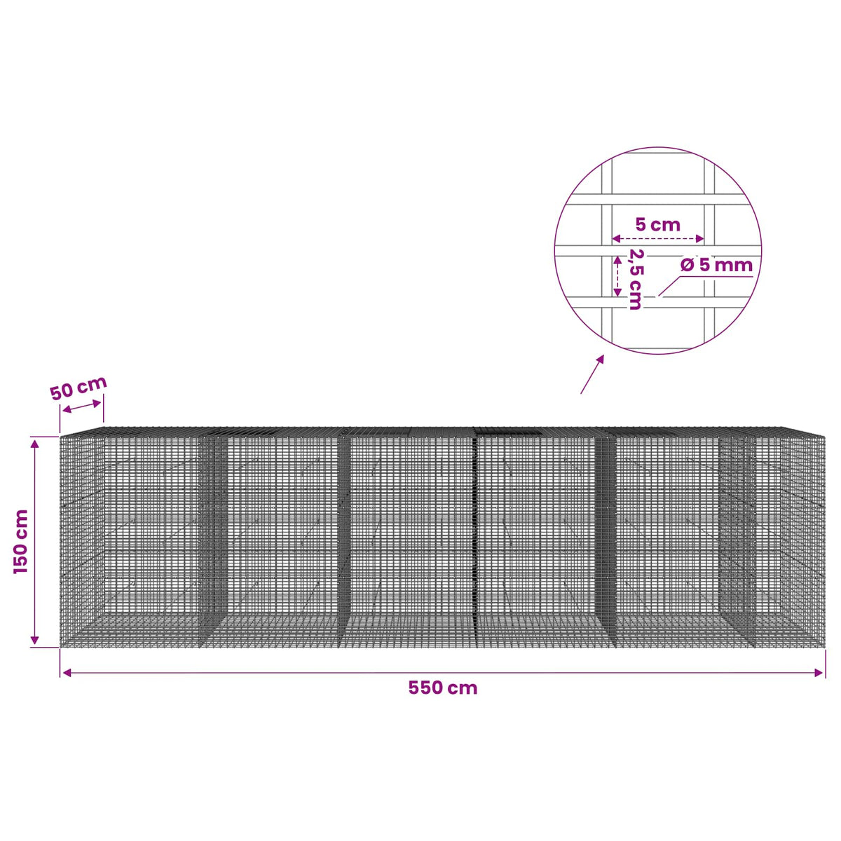 Γκαμπιόν με σύρμα 5 mm και πλέγμα 5x2,5 cm 550x50x150 εκ. - Pakobazaar