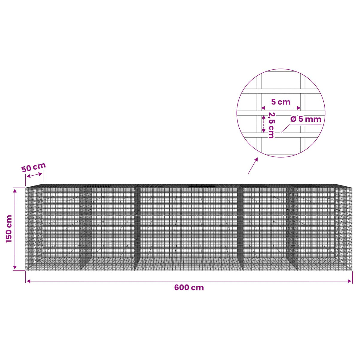 Γκαμπιόν με σύρμα 5 mm και πλέγμα 5x2,5 cm 600x50x150 εκ - Pakobazaar