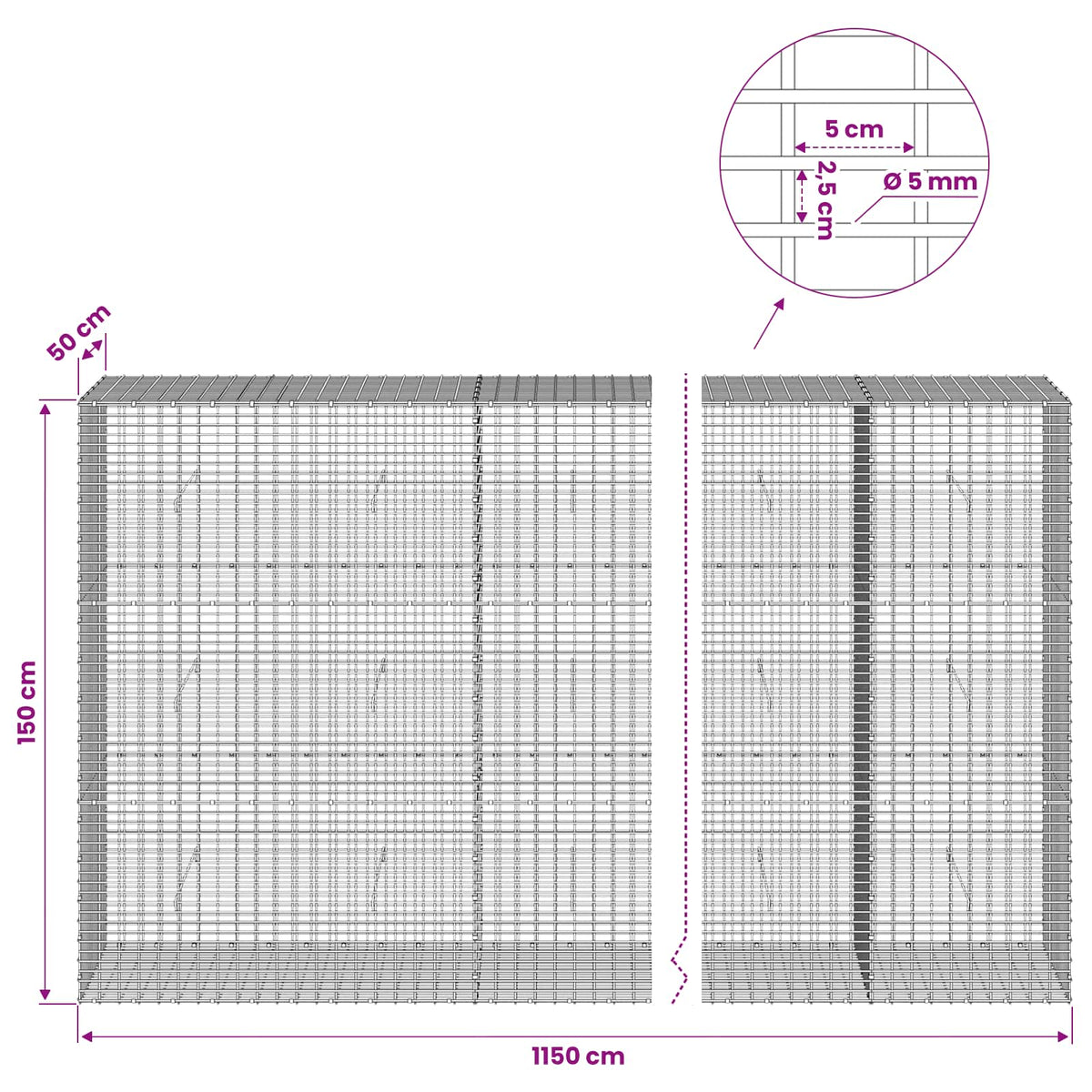 Γκαμπιόν με σύρμα 5 mm και πλέγμα 5x2,5 cm 1150x50x150 εκ - Pakobazaar
