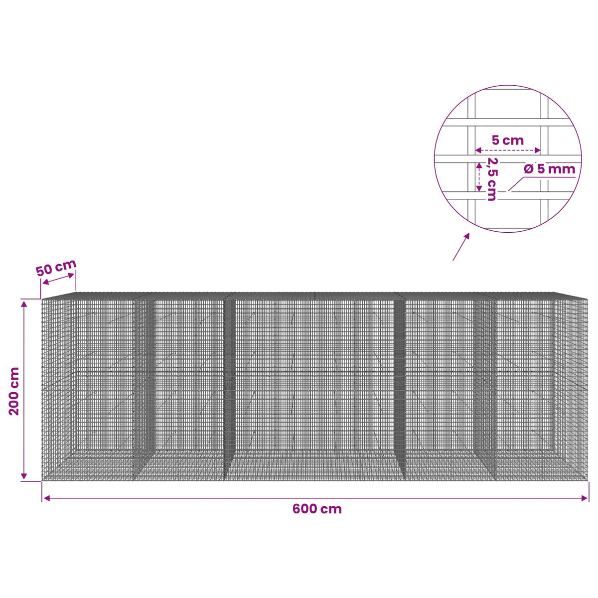 Γκαμπιόν με σύρμα 5 mm και πλέγμα 5x2,5 cm 600x50x200 εκ - Pakobazaar