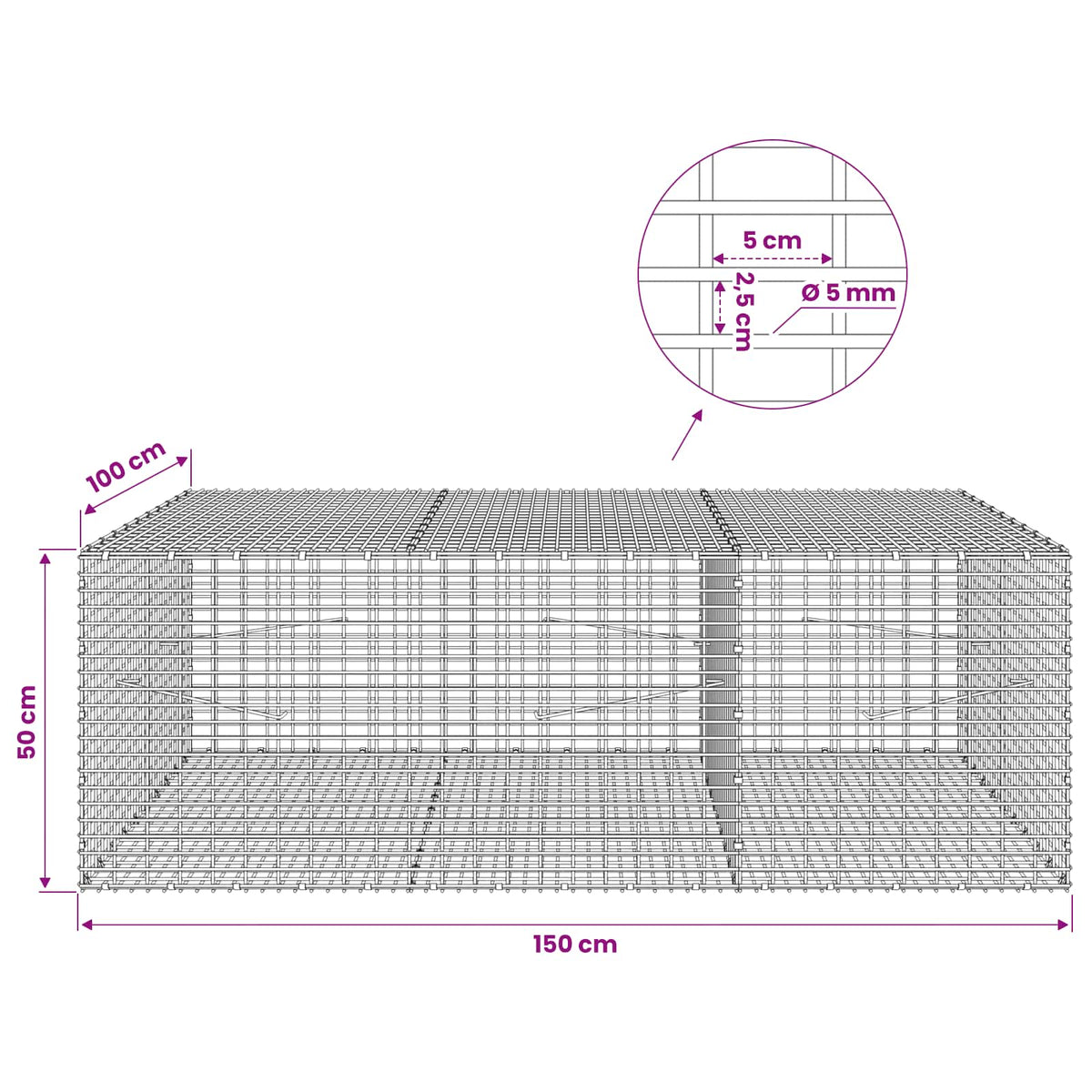 Γκαμπιόν με σύρμα 5 mm και πλέγμα 5x2,5 cm 150x100x50 εκ - Pakobazaar