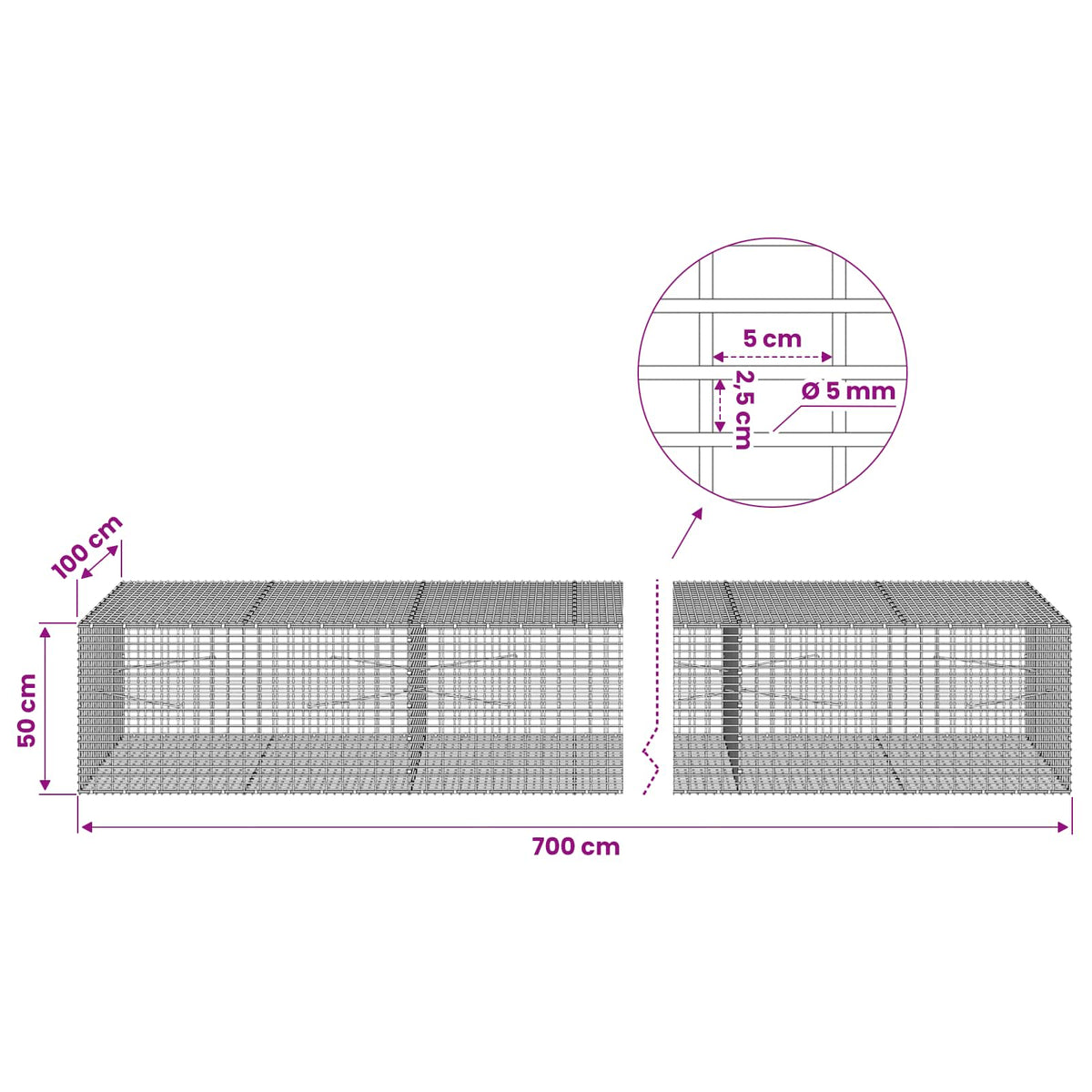 Γκαμπιόν με σύρμα 5 mm και πλέγμα 5x2,5 cm 700x100x50 εκ. - Pakobazaar