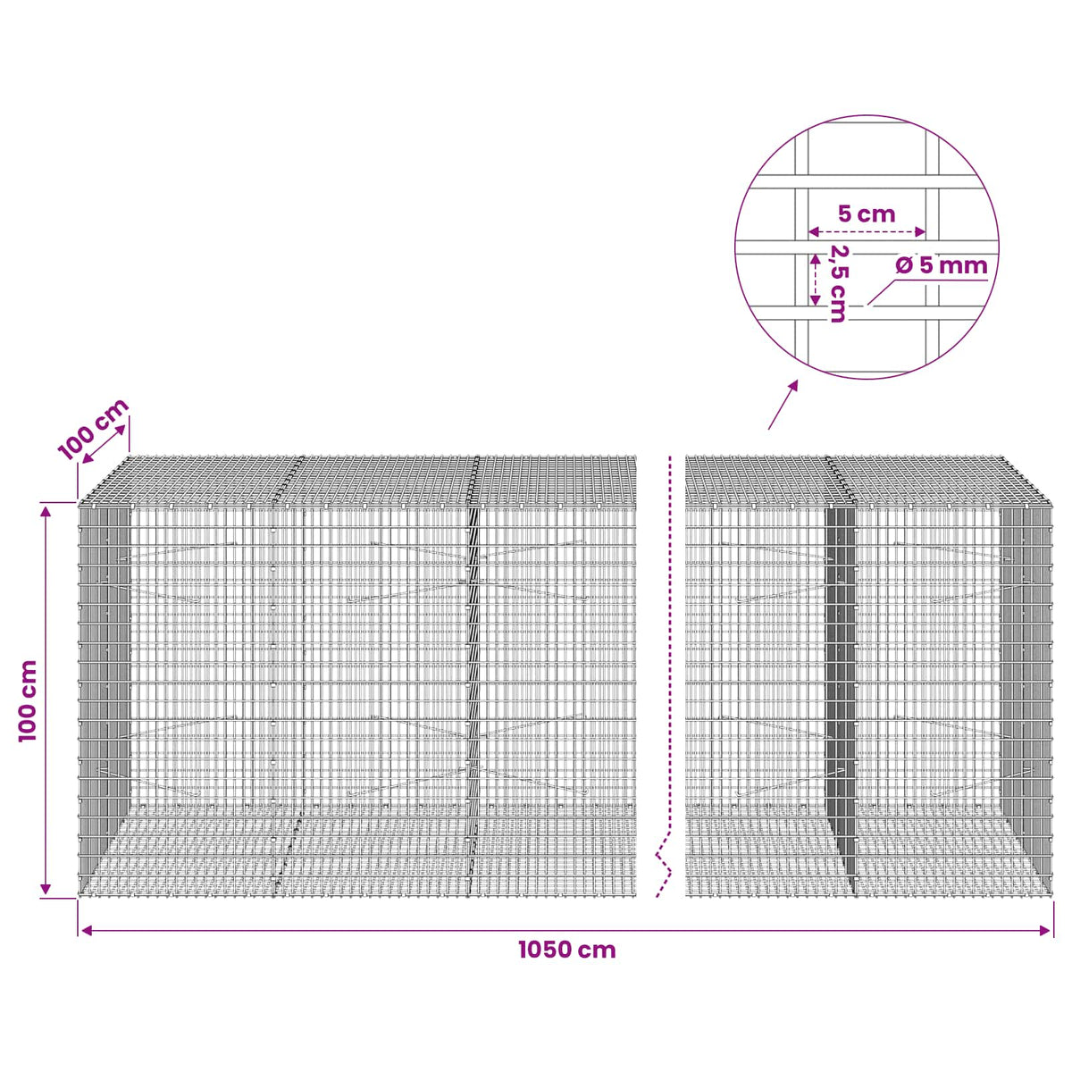 Γκαμπιόν με σύρμα 5 mm και πλέγμα 5x2,5 cm 1050x100x100 εκ - Pakobazaar