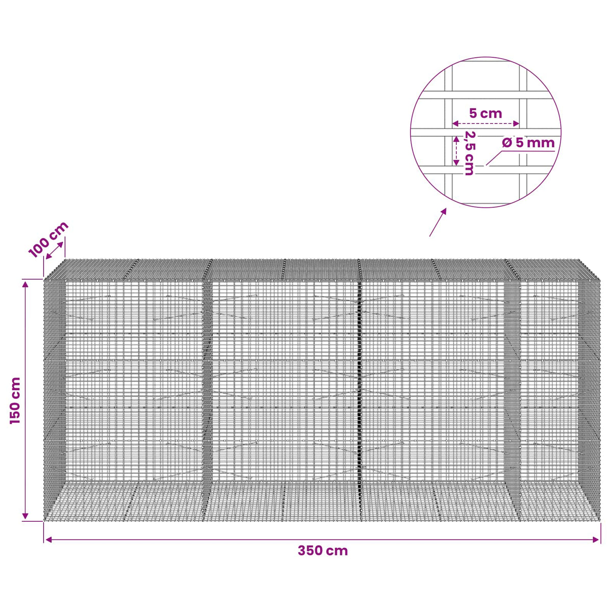 Γκαμπιόν με σύρμα 5 mm και πλέγμα 5x2,5 cm 350x100x150 εκ. - Pakobazaar