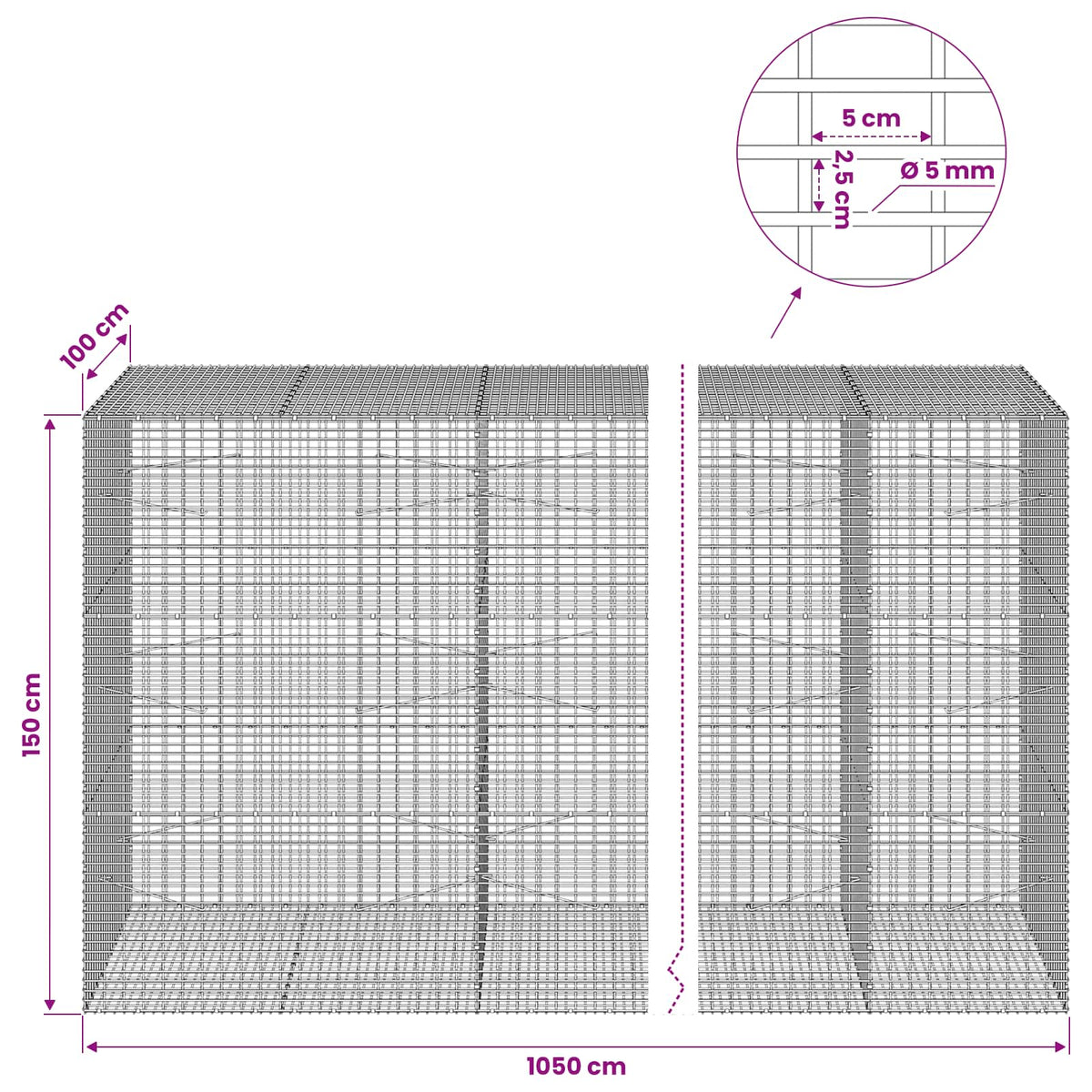 Γκαμπιόν με σύρμα 5 mm και πλέγμα 5x2,5 cm 1050x100x150 εκ - Pakobazaar