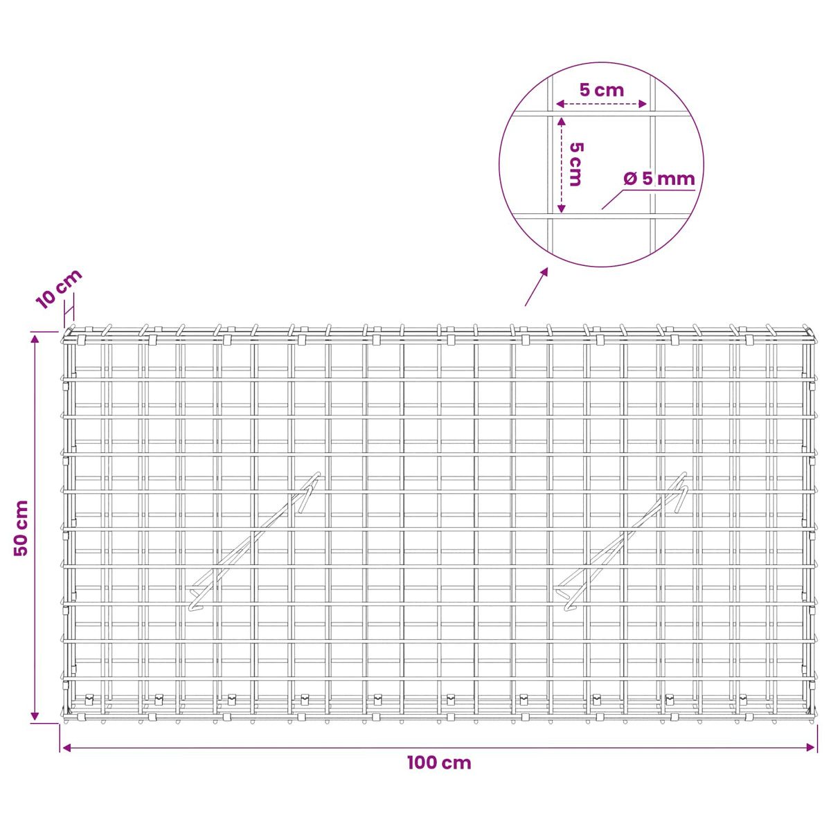 Γκαμπιόν με σύρμα 5 mm και πλέγμα 5x5 cm 100x10x50 εκ