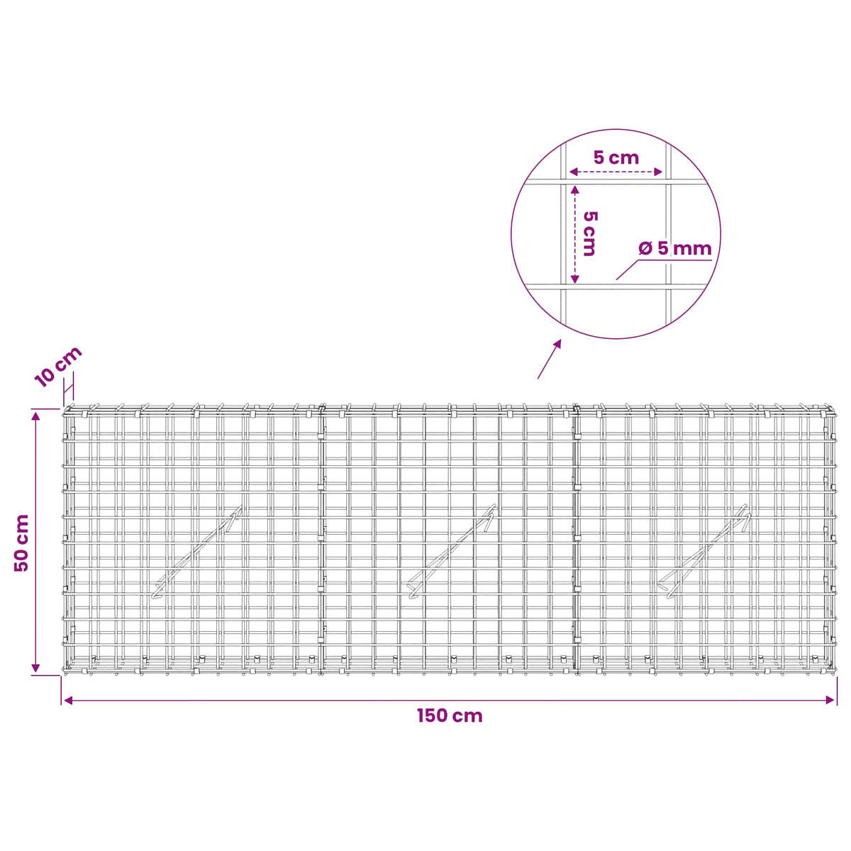 Γκαμπιόν με σύρμα 5 mm και πλέγμα 5x5 cm 150x10x50 εκ