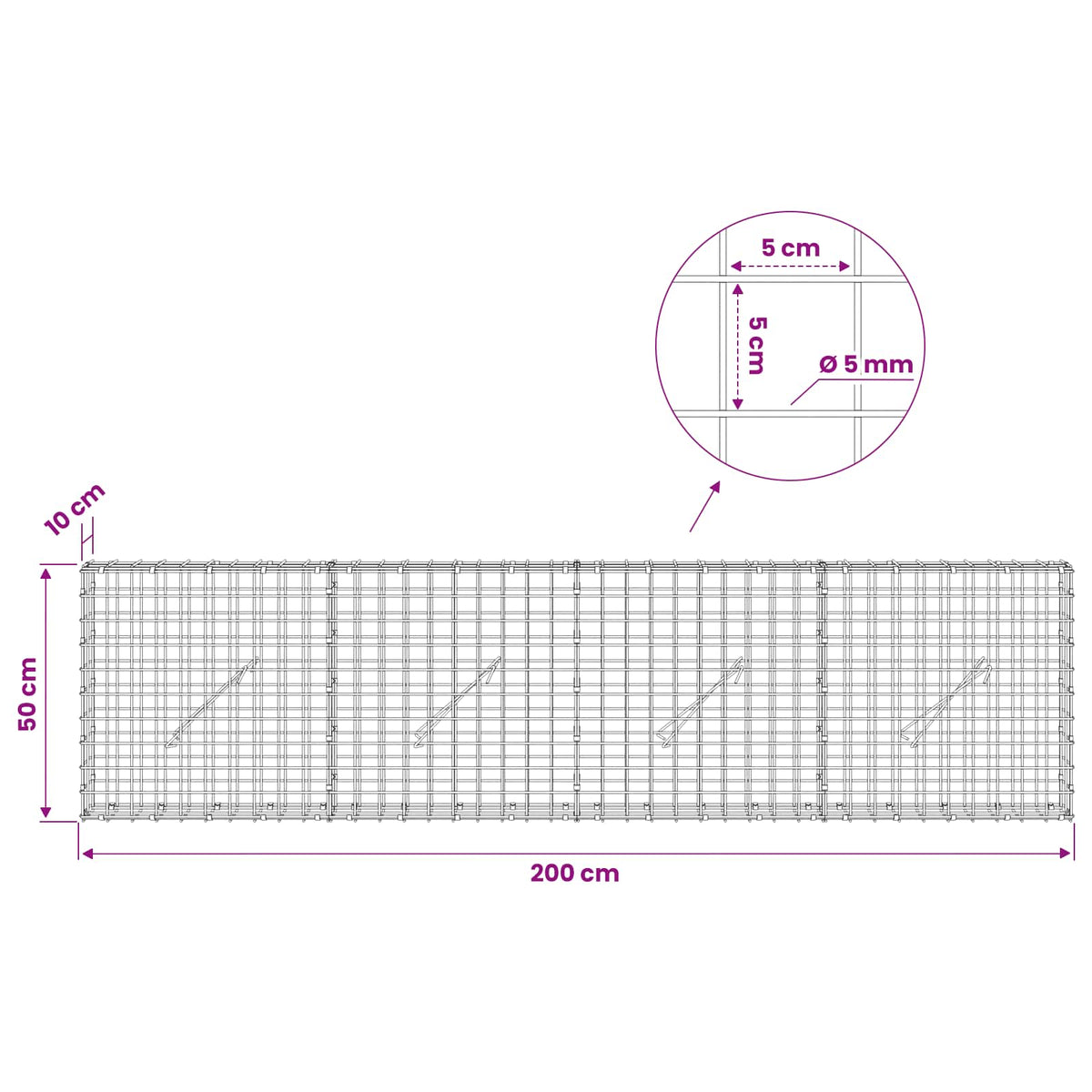 Γκαμπιόν με σύρμα 5 mm και πλέγμα 5x5 cm 200x10x50 εκ - Pakobazaar