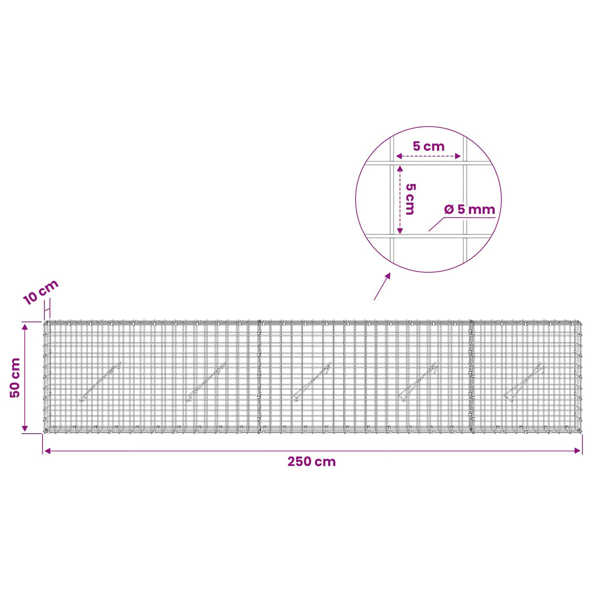 Γκαμπιόν με σύρμα 5 mm και πλέγμα 5x5 cm 250x10x50 εκ - Pakobazaar