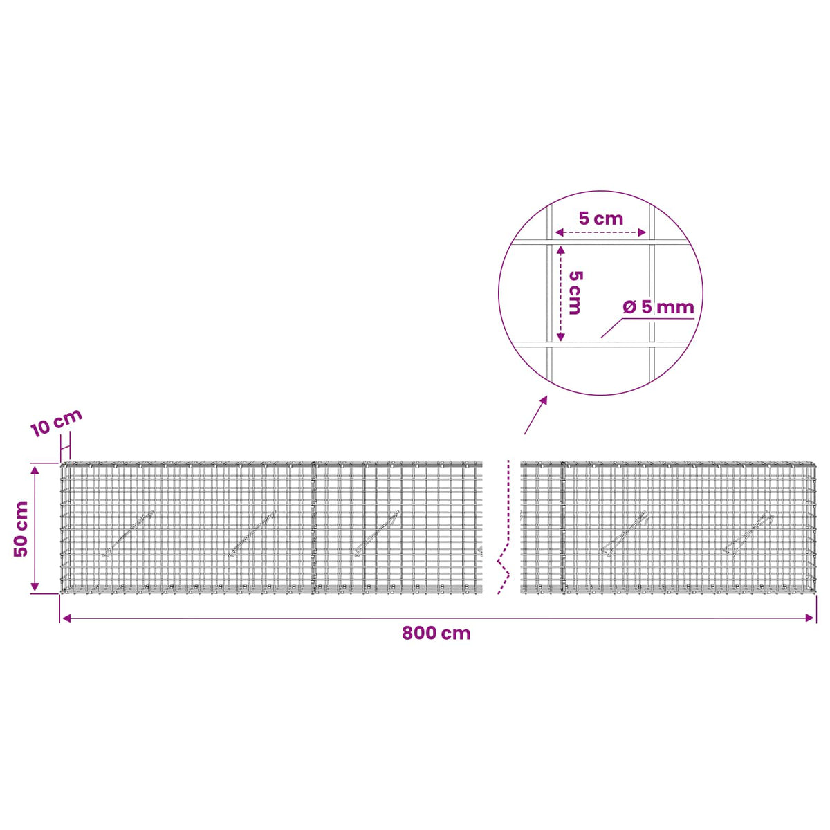 Γκαμπιόν με σύρμα 5 mm και πλέγμα 5x5 cm 800x10x50 εκ - Pakobazaar