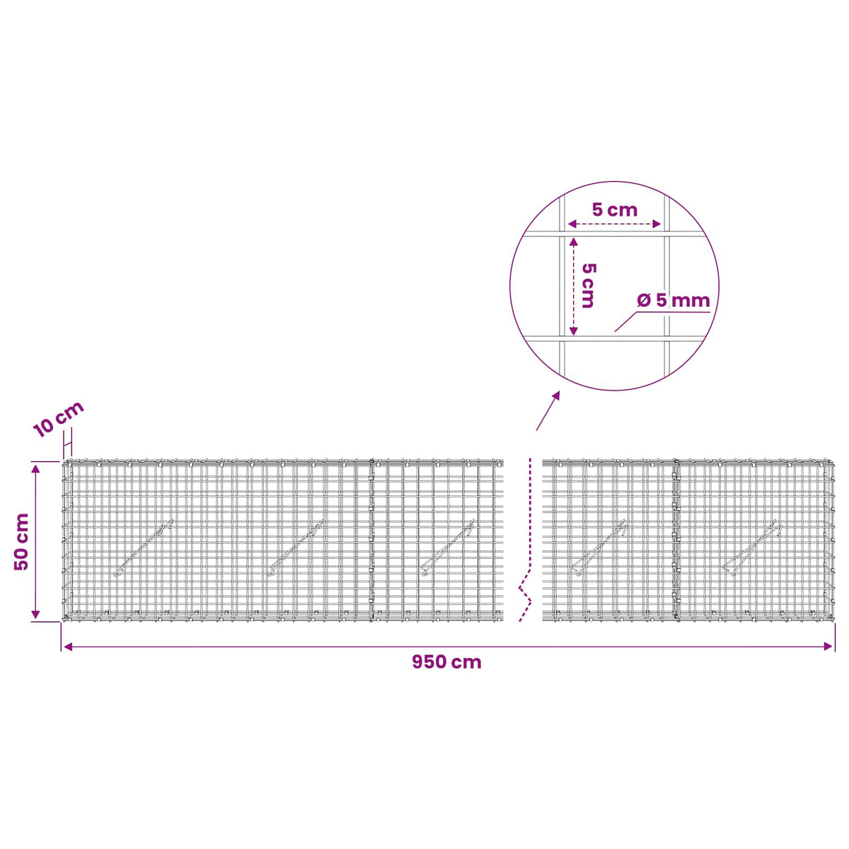 Γκαμπιόν με σύρμα 5 mm και πλέγμα 5x5 cm 950x10x50 εκ - Pakobazaar