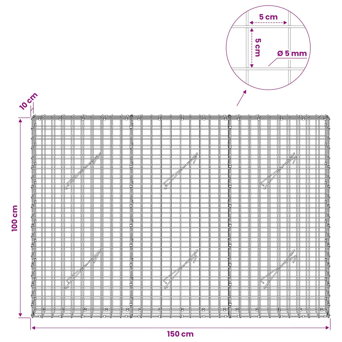 Γκαμπιόν με σύρμα 5 mm και πλέγμα 5x5 cm 150x10x100 εκ
