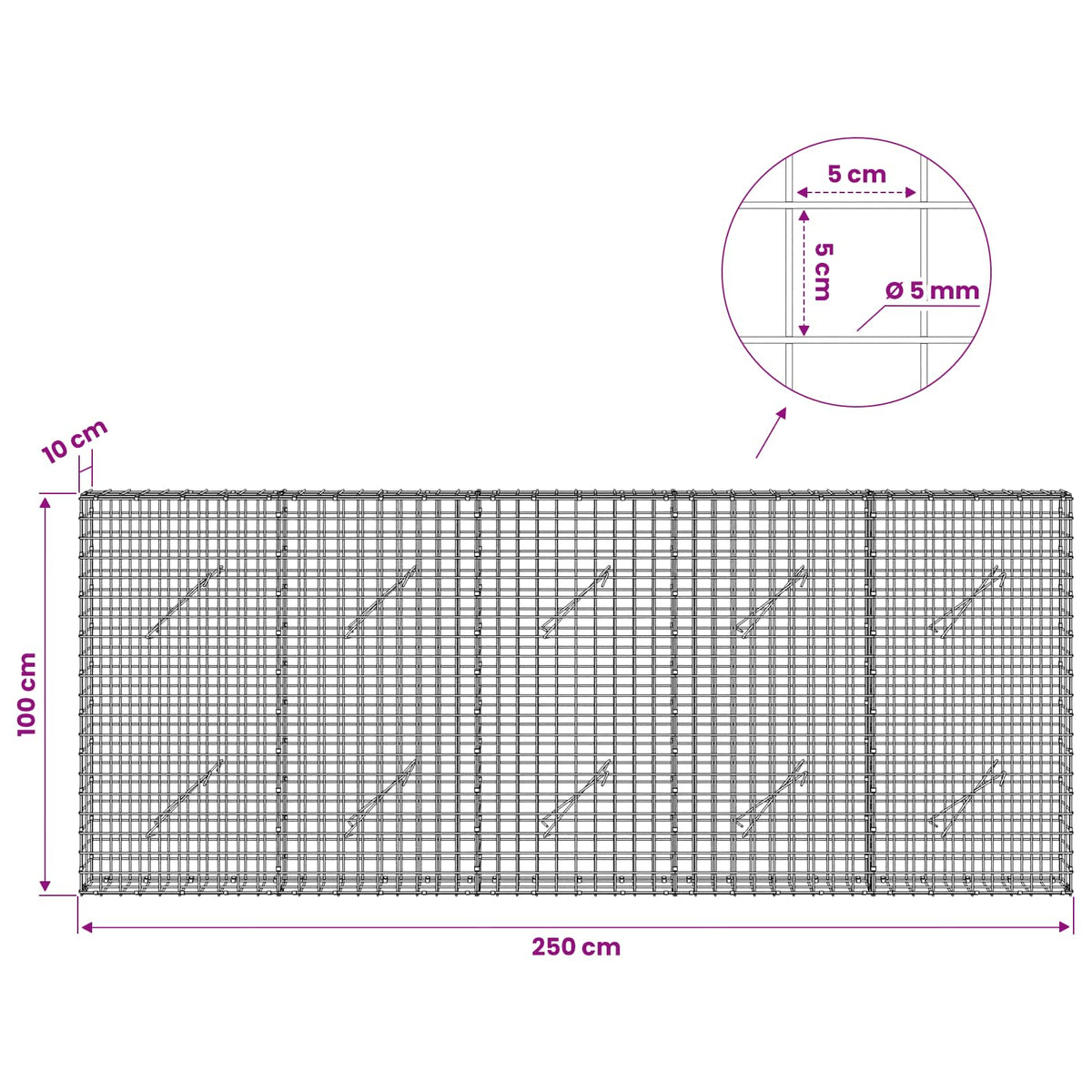 Γκαμπιόν με σύρμα 5 mm και πλέγμα 5x5 cm 250x10x100 εκ - Pakobazaar