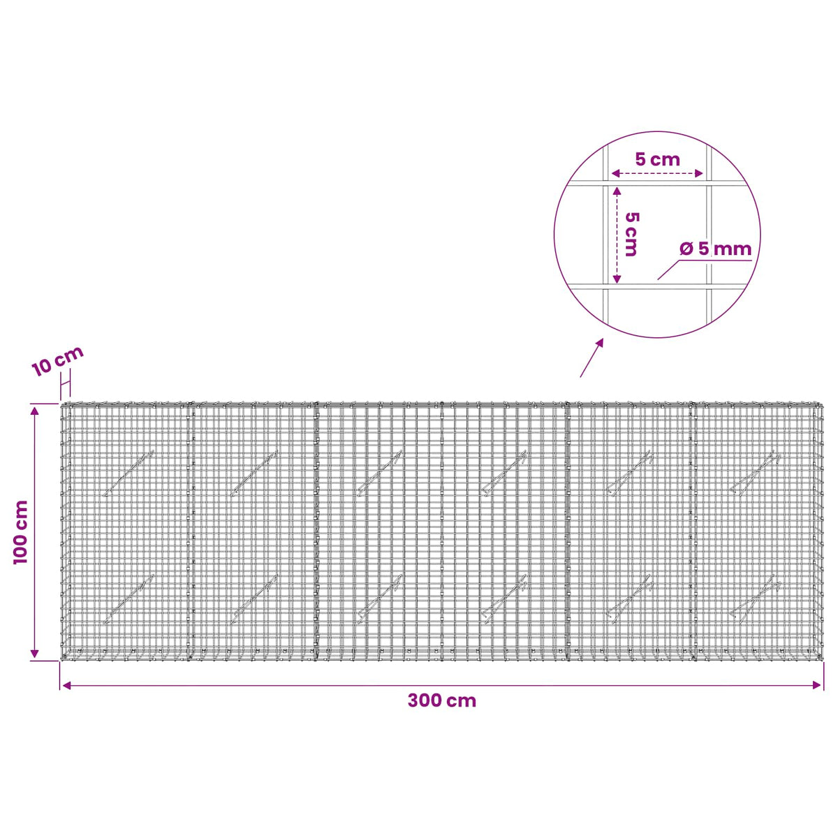 Γκαμπιόν με σύρμα 5 mm και πλέγμα 5x5 cm 300x10x100 εκ