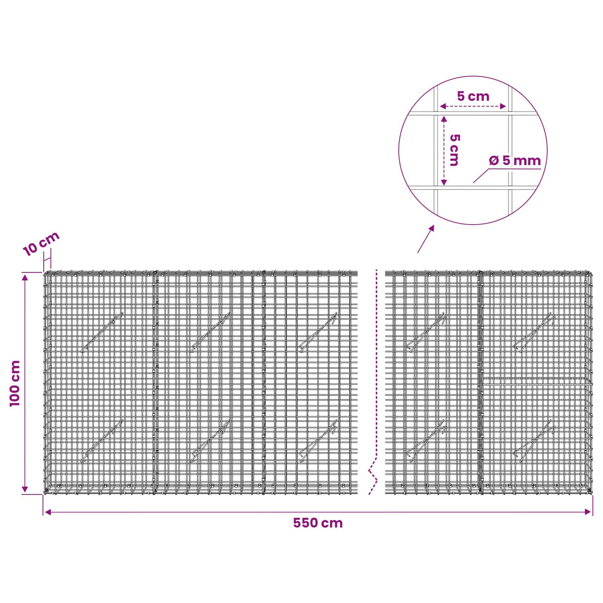Γκαμπιόν με σύρμα 5 mm και πλέγμα 5x5 cm 550x10x100 εκ - Pakobazaar