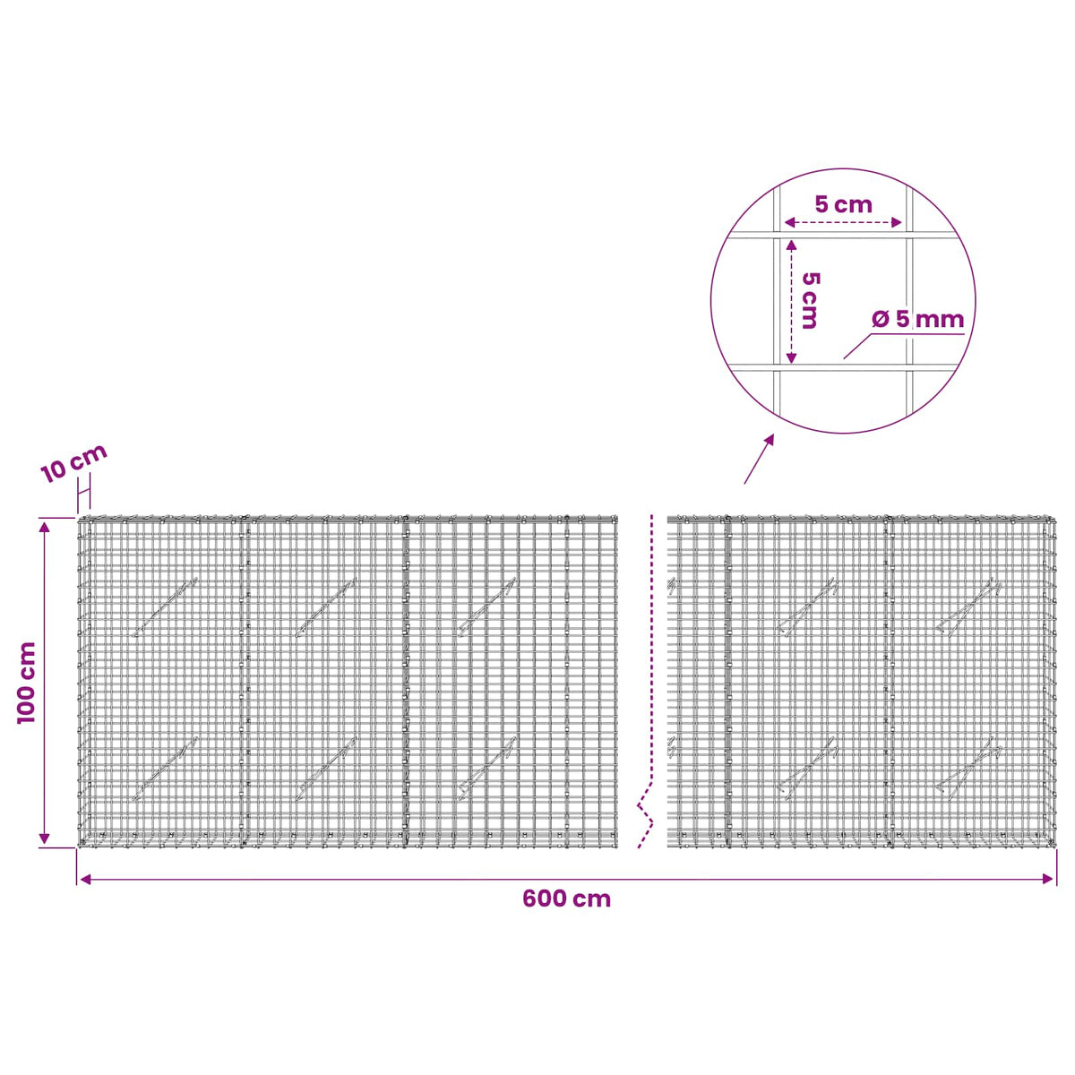 Γκαμπιόν με σύρμα 5 mm και πλέγμα 5x5 cm 600x10x100 εκ