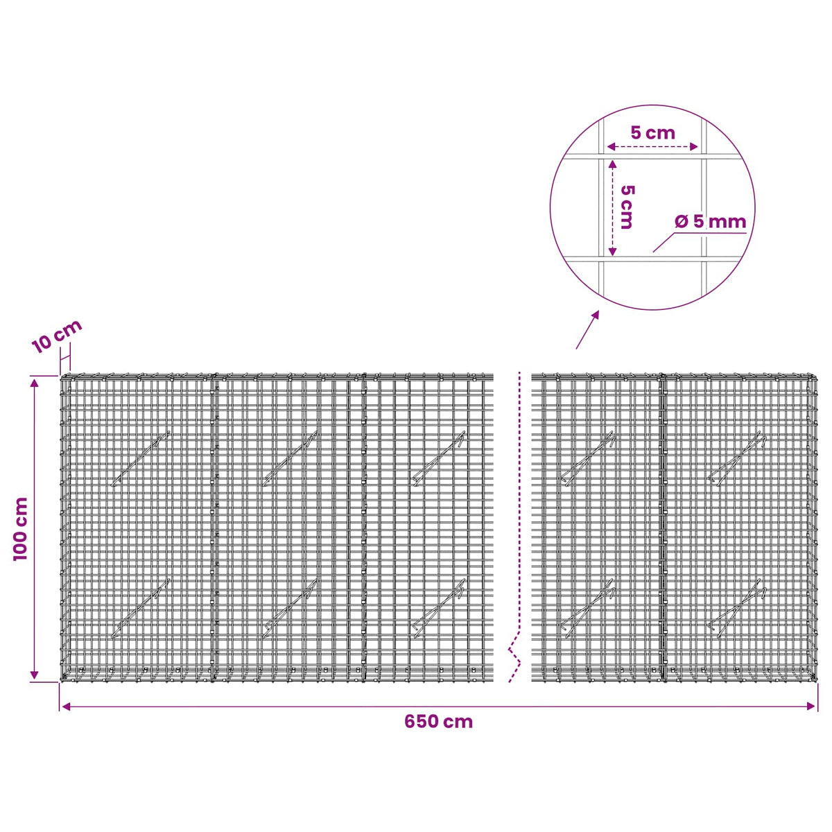 Γκαμπιόν με σύρμα 5 mm και πλέγμα 5x5 cm 650x10x100 εκ