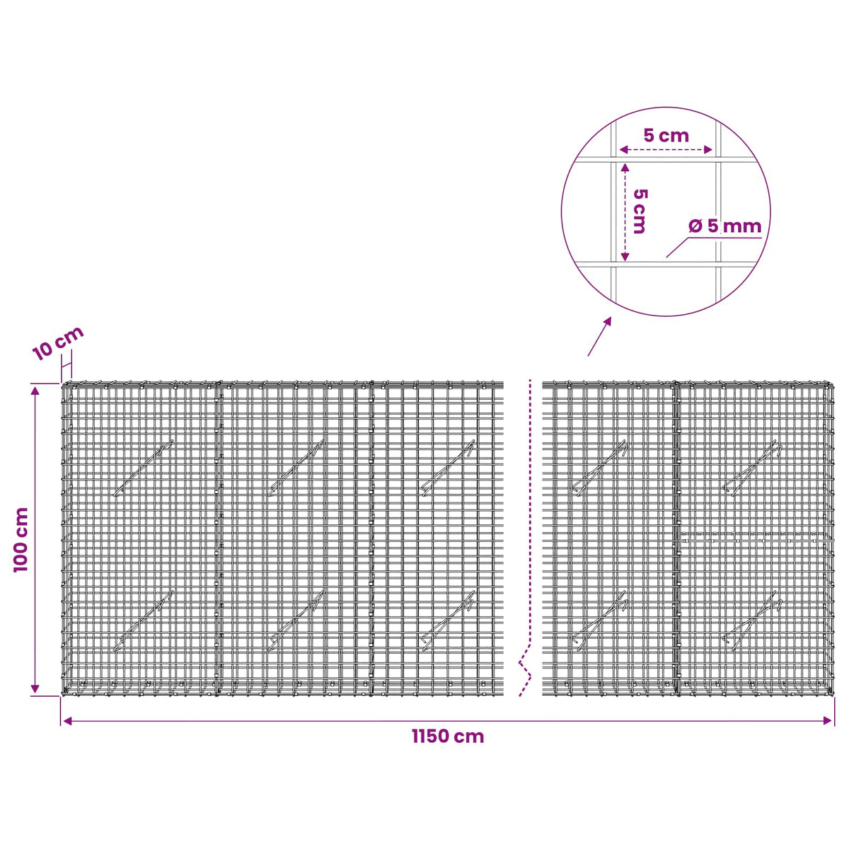 Γκαμπιόν με σύρμα 5 mm και πλέγμα 5x5 cm 1150x10x100 εκ - Pakobazaar