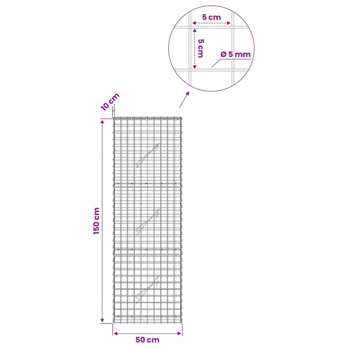 Γκαμπιόν με σύρμα 5 mm και πλέγμα 5x5 cm 50x10x150 εκ. - Pakobazaar