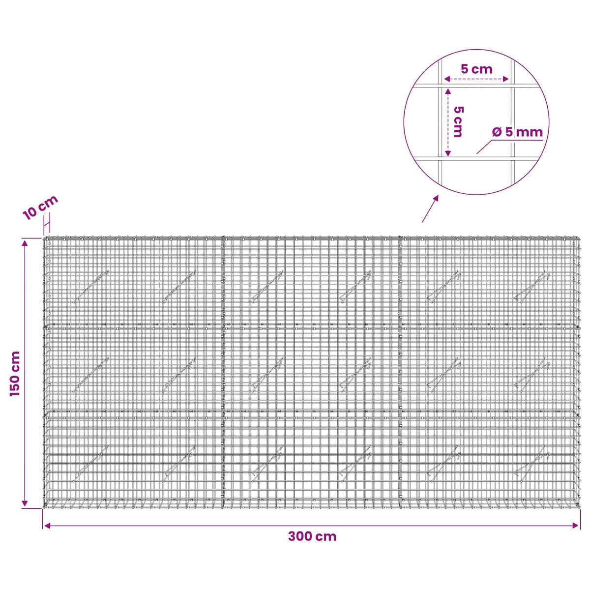 Γκαμπιόν με σύρμα 5 mm και πλέγμα 5x5 cm 300x10x150 εκ