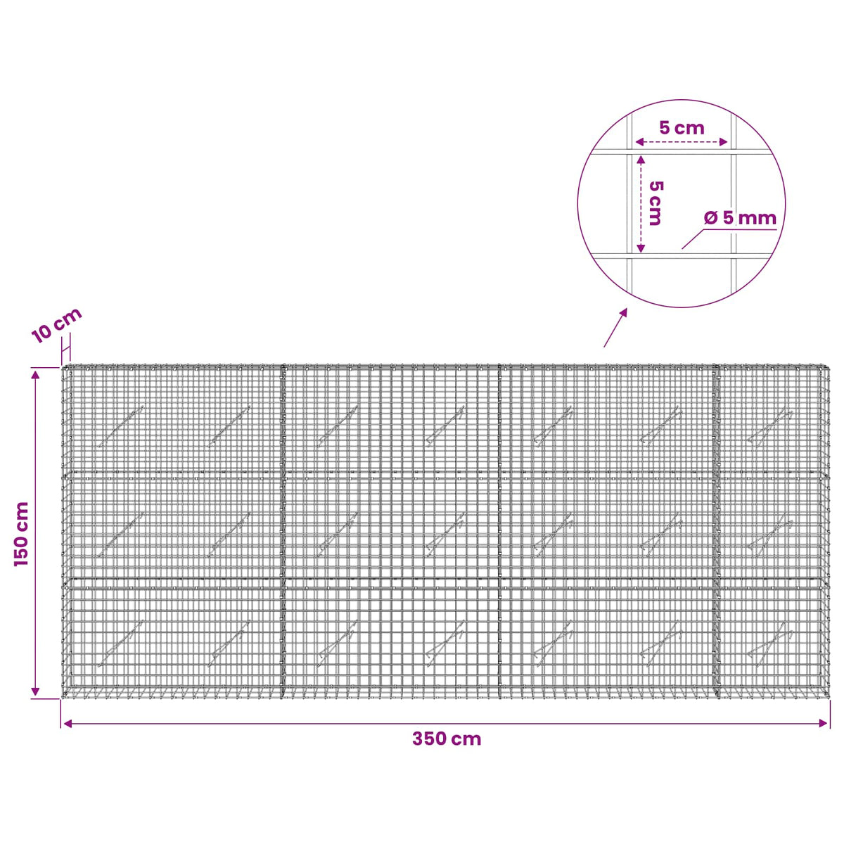 Γκαμπιόν με σύρμα 5 mm και πλέγμα 5x5 cm 350x10x150 εκ - Pakobazaar