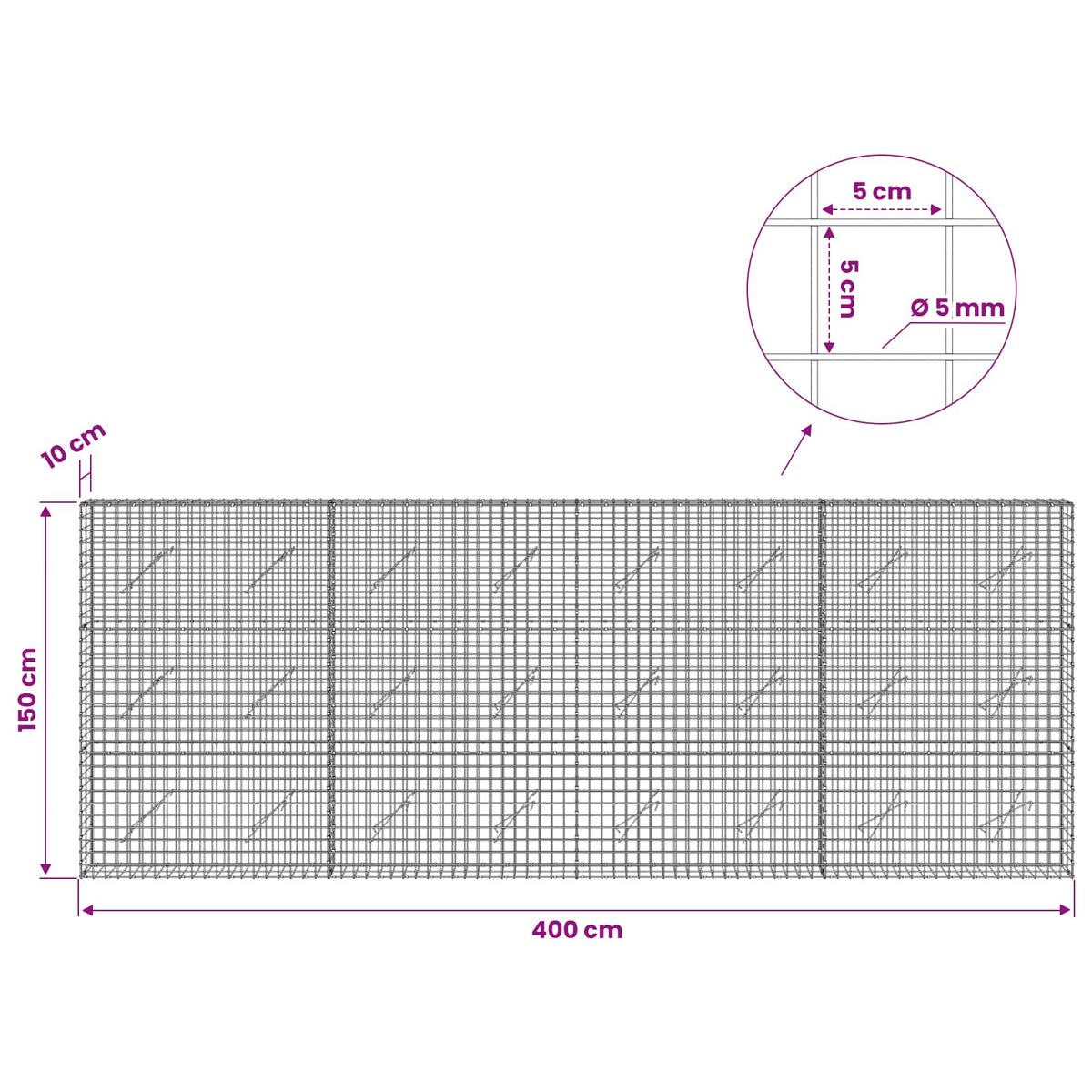 Γκαμπιόν με σύρμα 5 mm και πλέγμα 5x5 cm 400x10x150 εκ - Pakobazaar