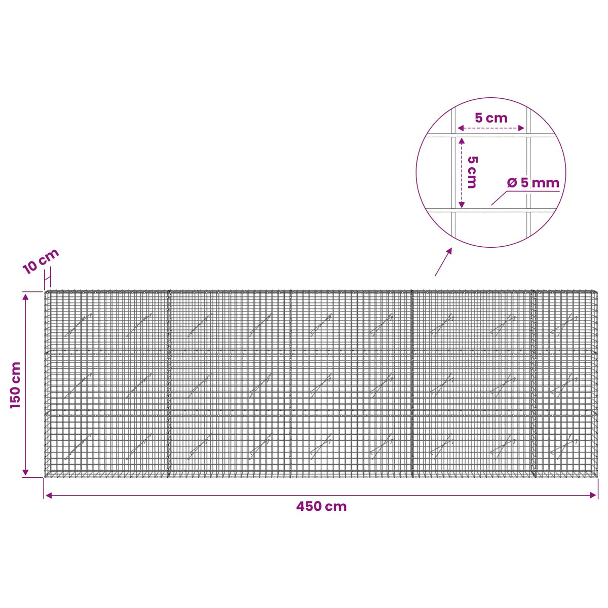 Γκαμπιόν με σύρμα 5 mm και πλέγμα 5x5 cm 450x10x150 εκ