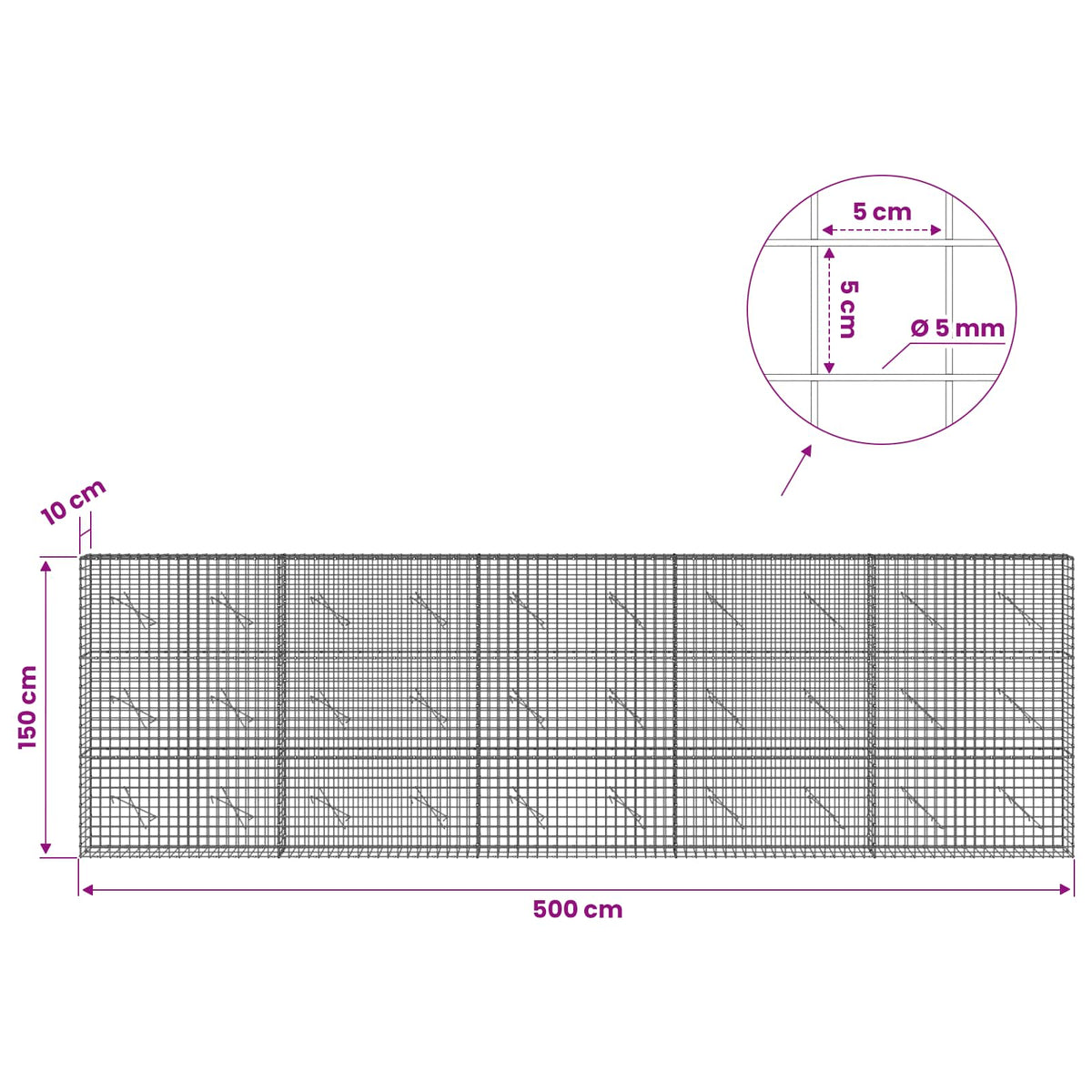 Γκαμπιόν με σύρμα 5 mm και πλέγμα 5x5 cm 500x10x150 εκ