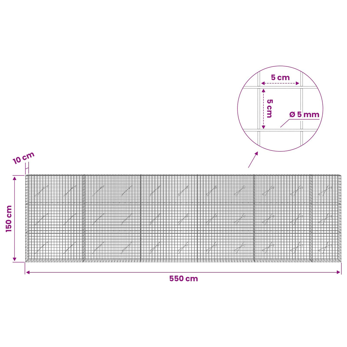 Γκαμπιόν με σύρμα 5 mm και πλέγμα 5x5 cm 550x10x150 εκ - Pakobazaar