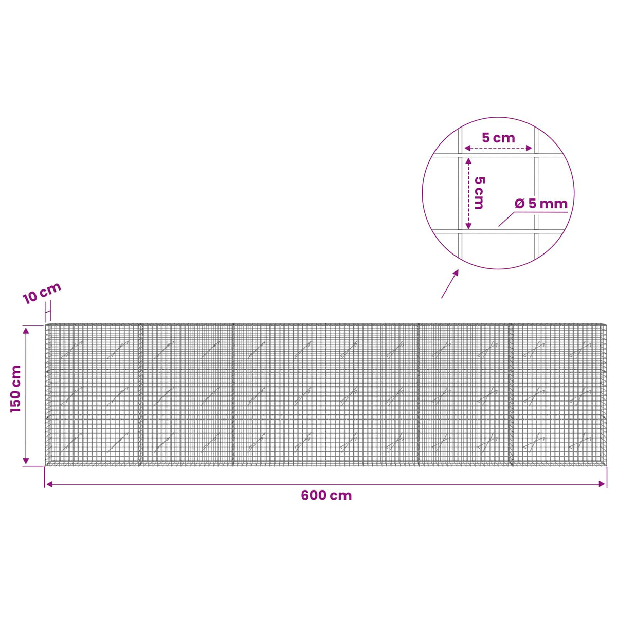 Γκαμπιόν με σύρμα 5 mm και πλέγμα 5x5 cm 600x10x150 εκ - Pakobazaar