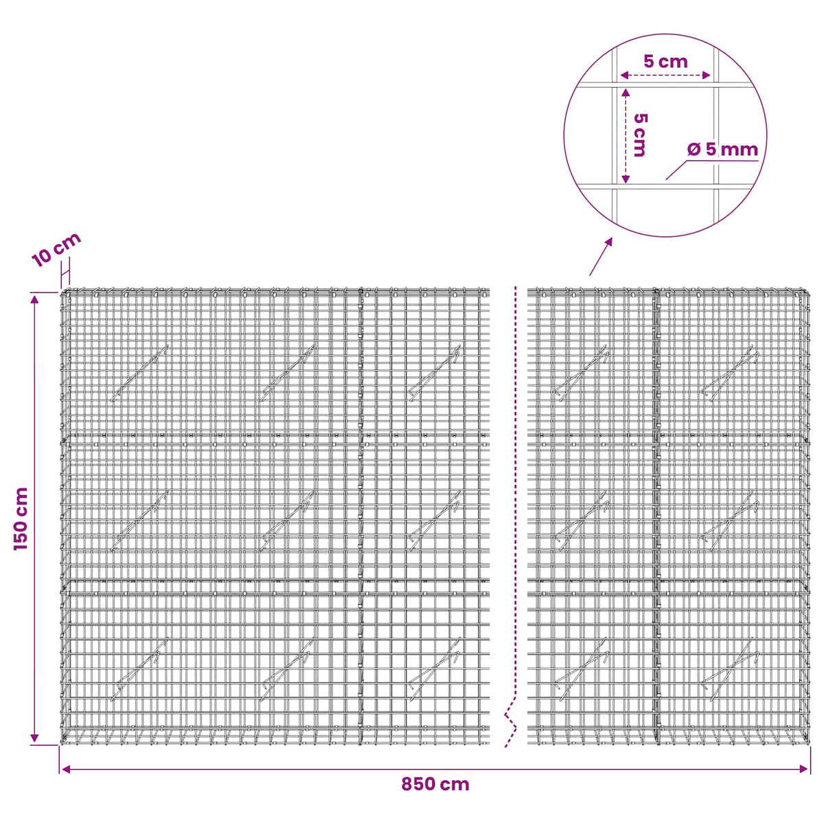 Γκαμπιόν με σύρμα 5 mm και πλέγμα 5x5 cm 850x10x150 εκ - Pakobazaar