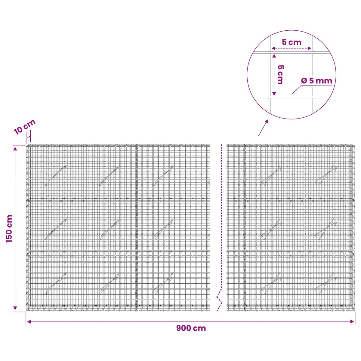 Γκαμπιόν με σύρμα 5 mm και πλέγμα 5x5 cm 900x10x150 εκ