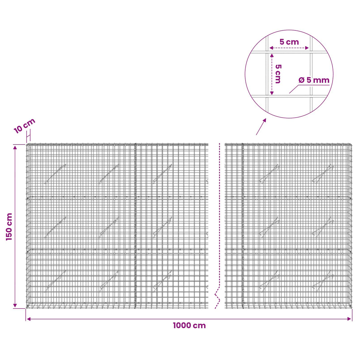 Γκαμπιόν με σύρμα 5 mm και πλέγμα 5x5 cm 1000x10x150 εκ - Pakobazaar