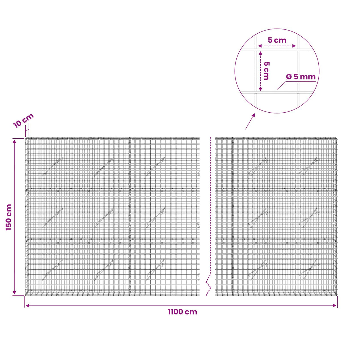 Γκαμπιόν με σύρμα 5 mm και πλέγμα 5x5 cm 1100x10x150 εκ - Pakobazaar