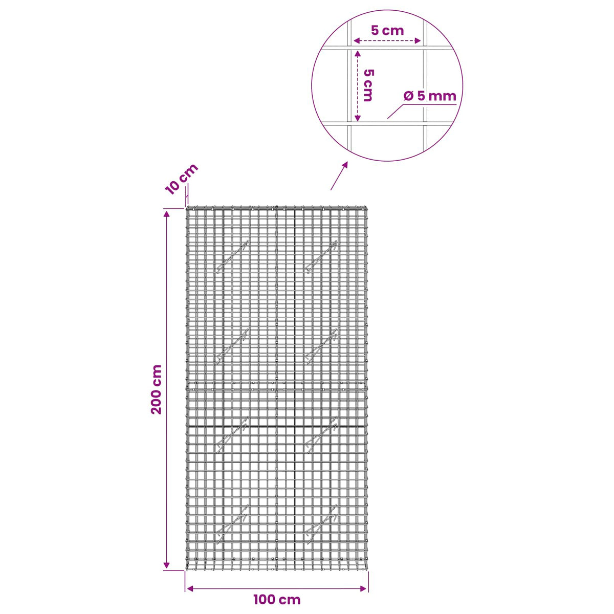 Γκαμπιόν με σύρμα 5 mm και πλέγμα 5x5 cm 100x10x200 εκ - Pakobazaar