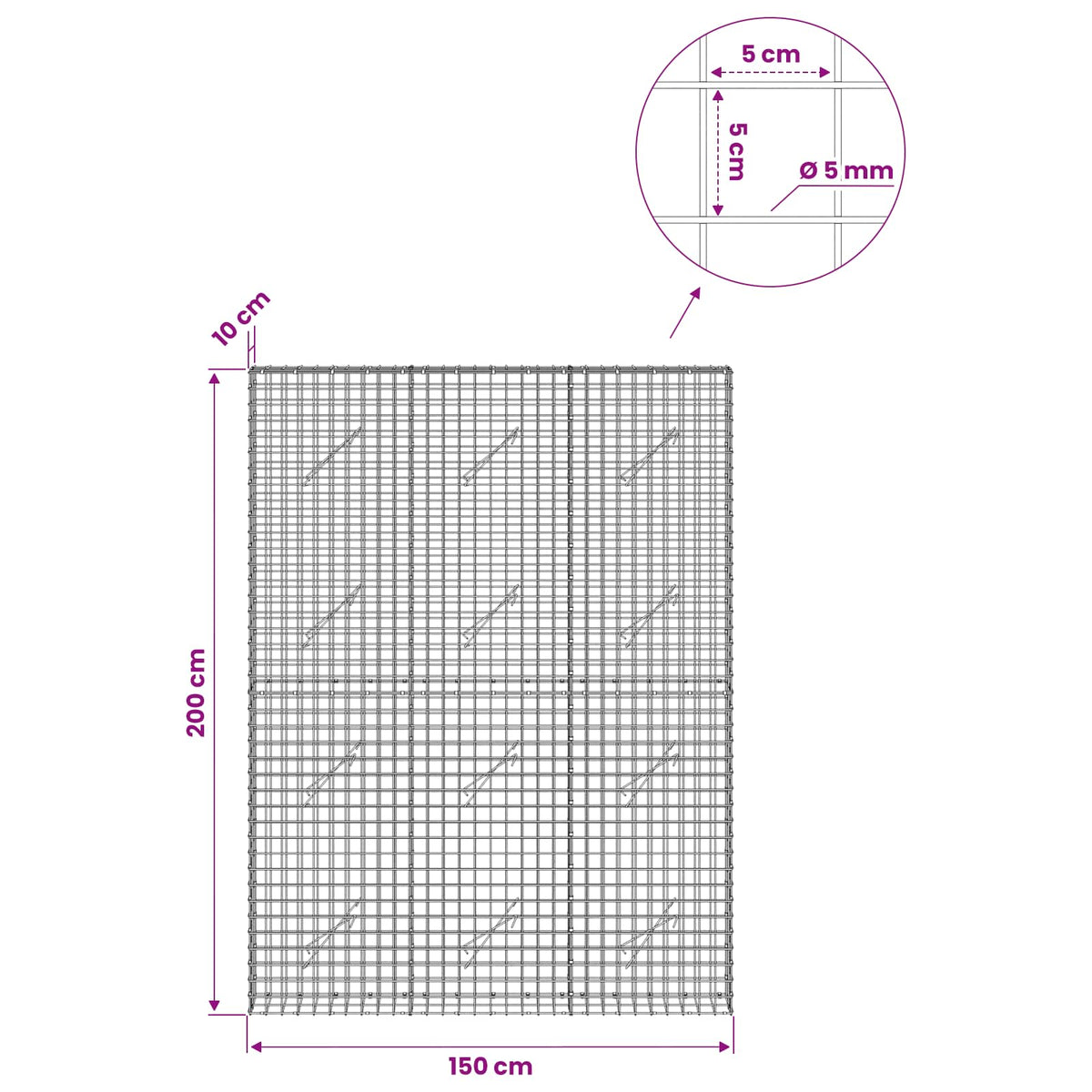 Γκαμπιόν με σύρμα 5 mm και πλέγμα 5x5 cm 150x10x200 εκ