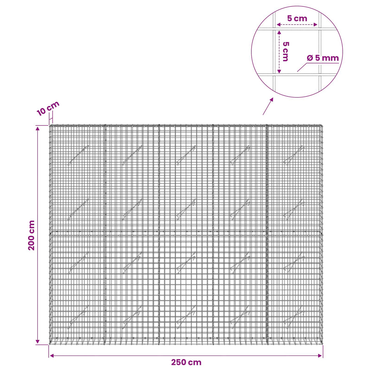 Γκαμπιόν με σύρμα 5 mm και πλέγμα 5x5 cm 250x10x200 εκ.