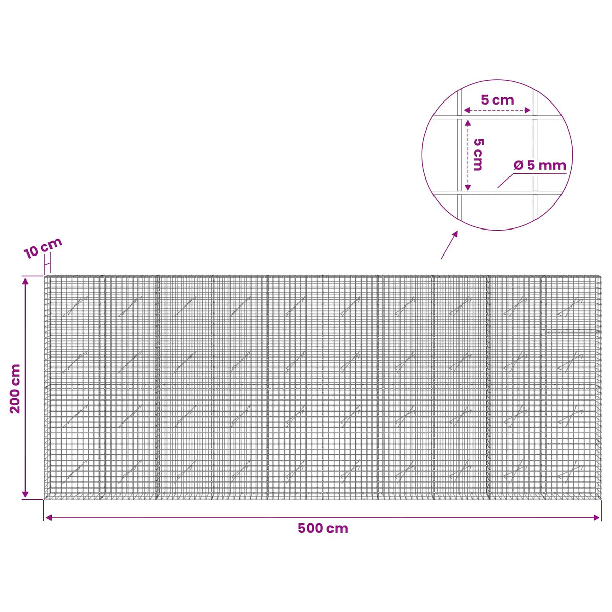 Γκαμπιόν με σύρμα 5 mm και πλέγμα 5x5 cm 500x10x200 εκ