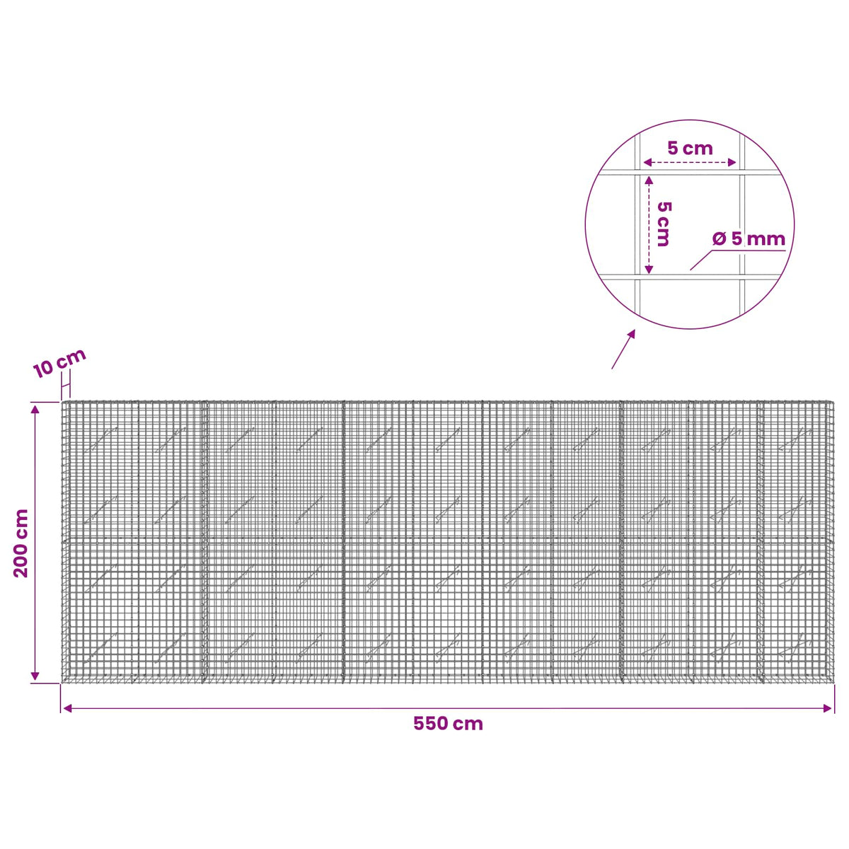 Γκαμπιόν με σύρμα 5 mm και πλέγμα 5x5 cm 550x10x200 εκ - Pakobazaar