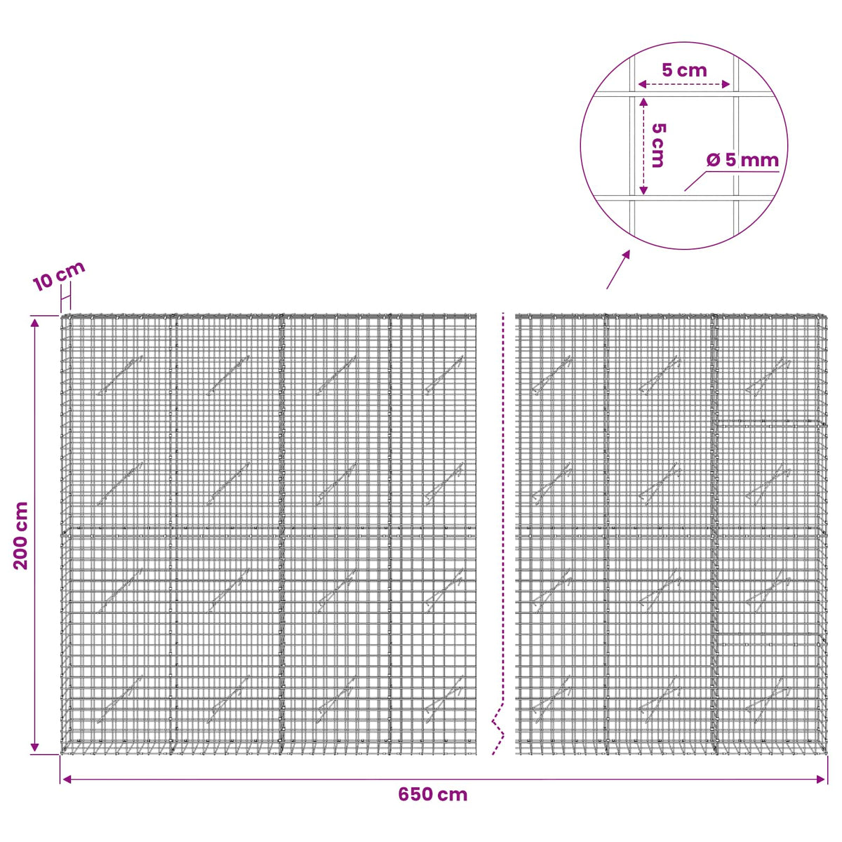 Γκαμπιόν με σύρμα 5 mm και πλέγμα 5x5 cm 650x10x200 εκ - Pakobazaar