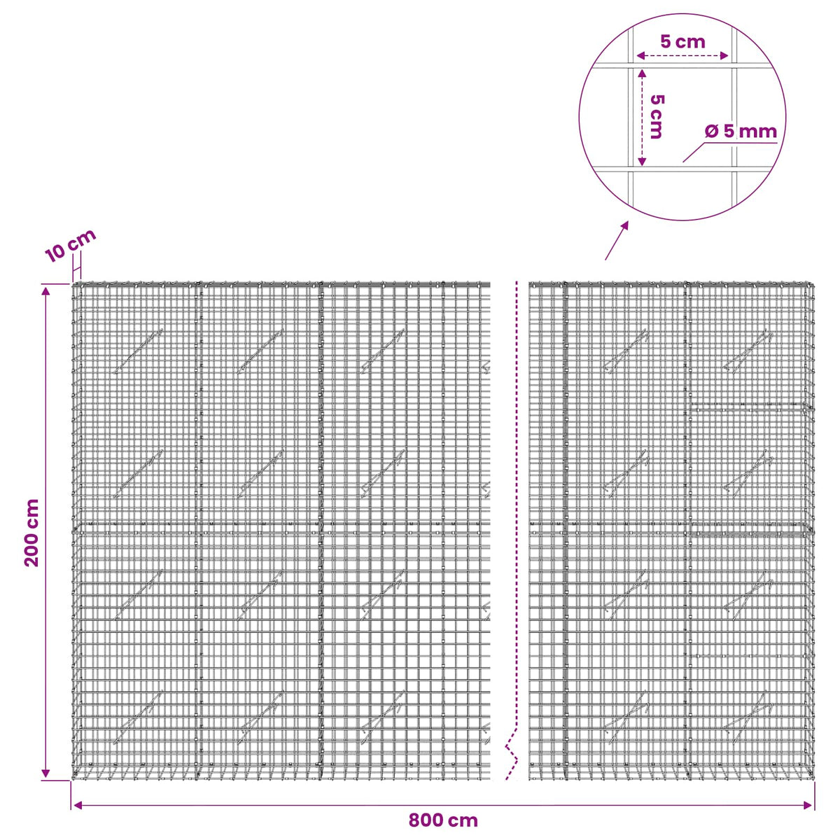 Γκαμπιόν με σύρμα 5 mm και πλέγμα 5x5 cm 800x10x200 εκ - Pakobazaar