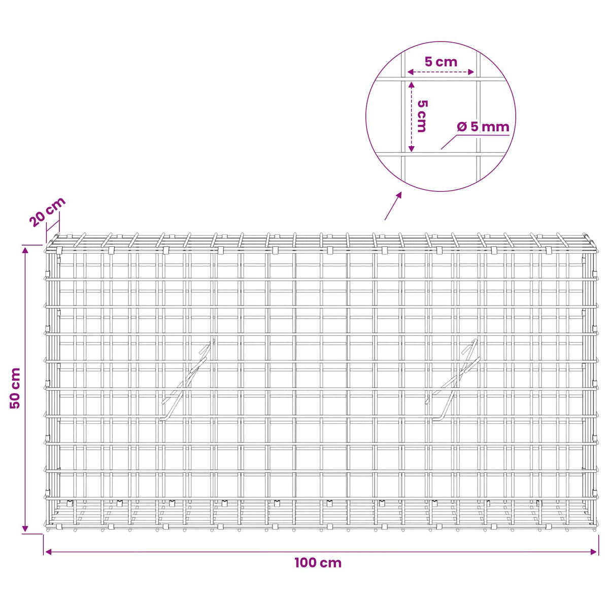 Γκαμπιόν με σύρμα 5 mm και πλέγμα 5x5 cm 100x20x50 εκ - Pakobazaar