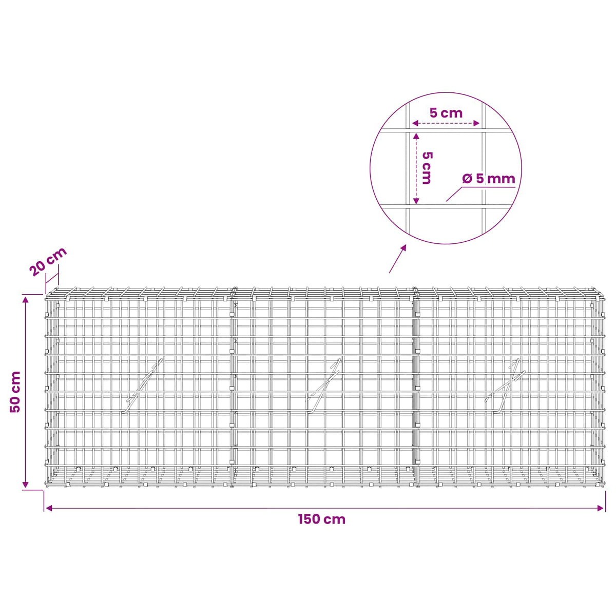 Γκαμπιόν με σύρμα 5 mm και πλέγμα 5x5 cm 150x20x50 εκ - Pakobazaar